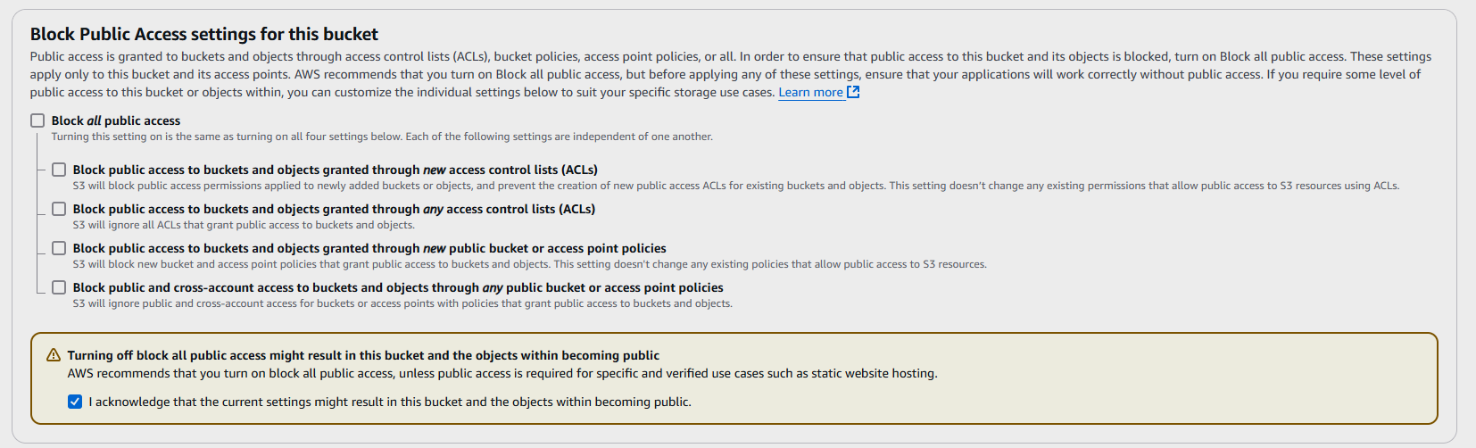 AWS S3 Block Public Access settings for restricting access to the bucket and objects.