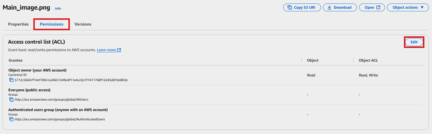 AWS S3 object permissions screen showing Access Control List (ACL) settings for an image file.