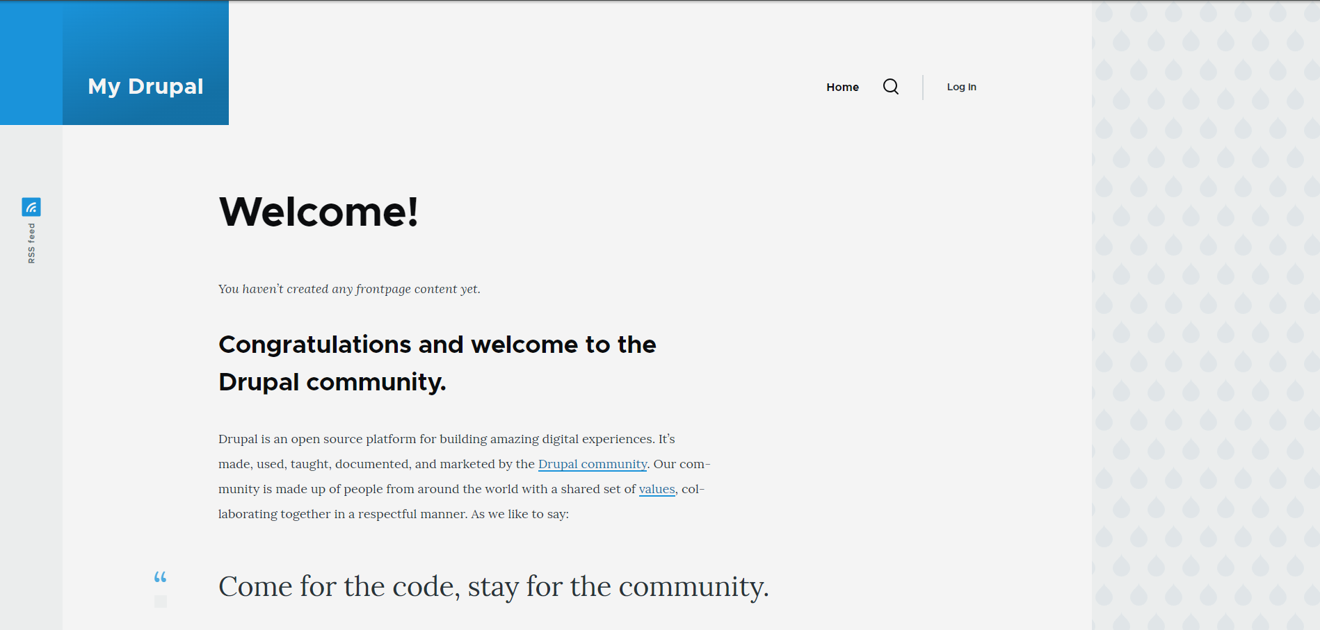 This is a screenshot of the Welcome page of a newly installed Drupal website