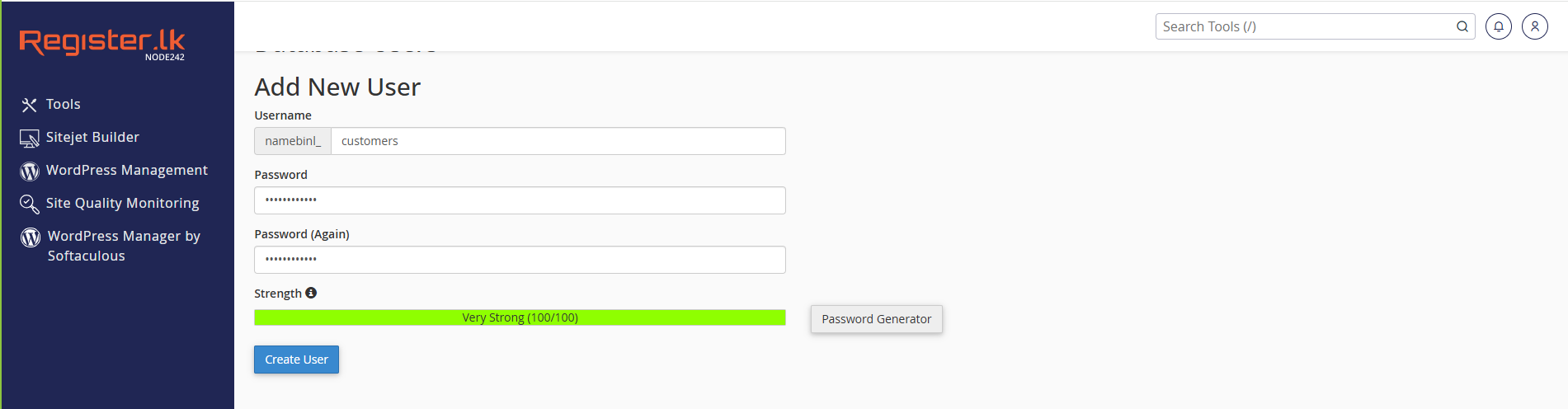 Adding a new MySQL user in cPanel with username and strong password