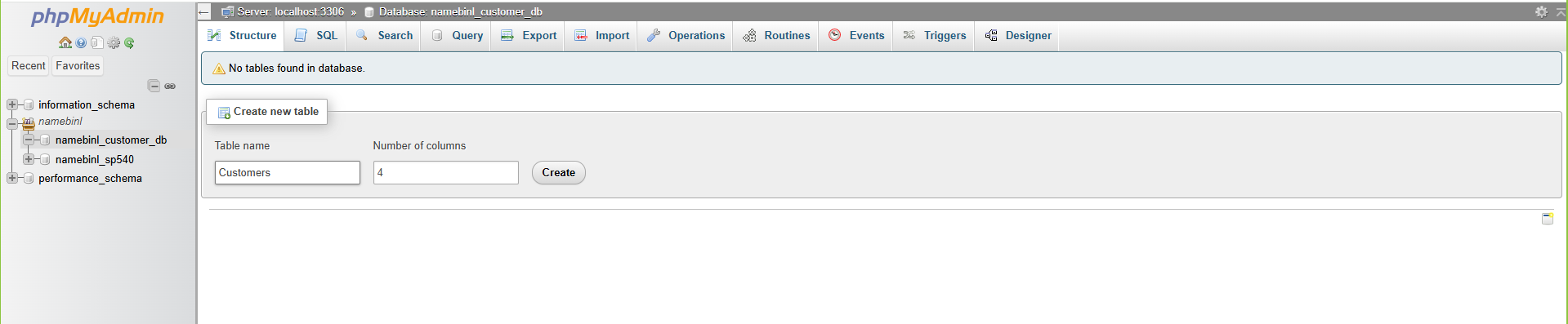 Creating a new table named 'Customers' in phpMyAdmin with 4 fields