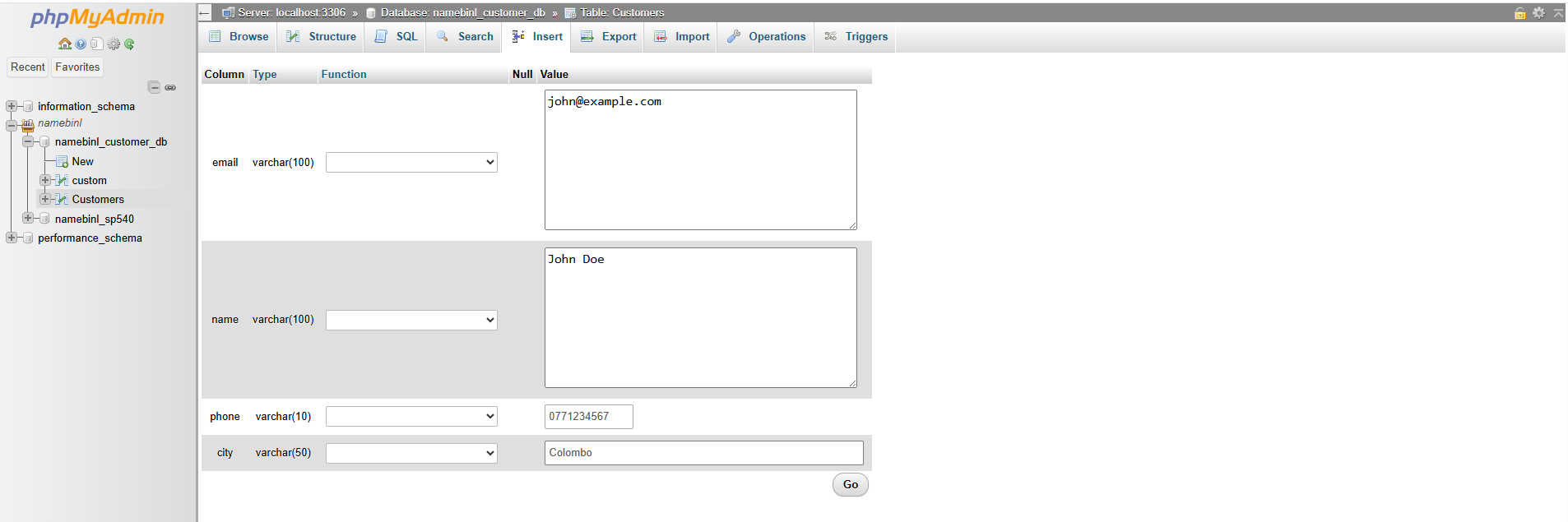 Inserting a customer record into the 'Customers' table via phpMyAdmin interface