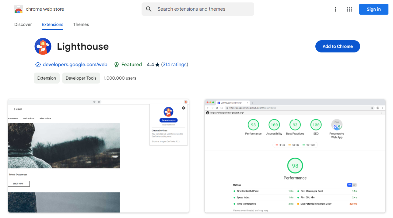 Google Lighthouse Chrome Extension - Analyze Website Performance Screenshot of the Google Lighthouse Chrome extension on the Chrome Web Store showing features and a performance report preview.