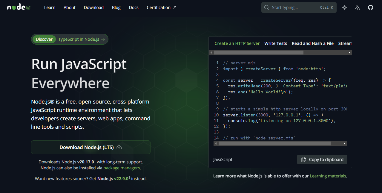 Node.js Homepage - Run JavaScript Everywhere Screenshot of the Node.js official homepage showing the tagline Run JavaScript Everywhere, a download button, and sample code for creating an HTTP server