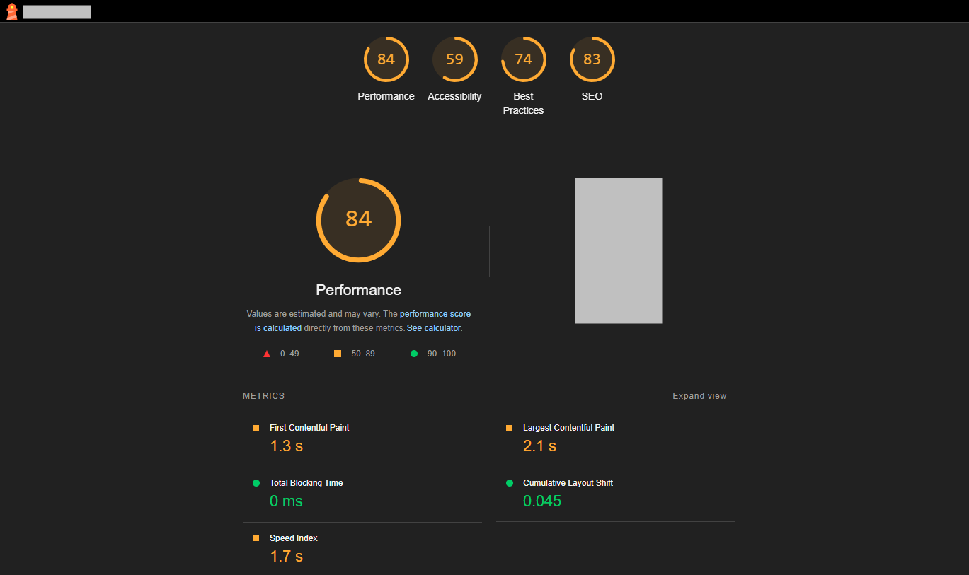 Google Lighthouse Performance Audit Results Google Lighthouse performance audit report showing an overall score of 84, metrics like First Contentful Paint, Speed Index, and Largest Contentful Paint with color-coded scores.