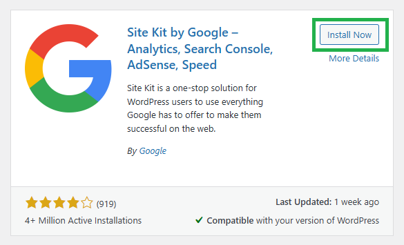 Site Kit by Google - WordPress Plugin Installation Screenshot of the Site Kit by Google plugin in the WordPress plugin repository, showing options to install the plugin, a description of its features, a rating of 4 stars from 919 reviews, and over 4 million active installations.