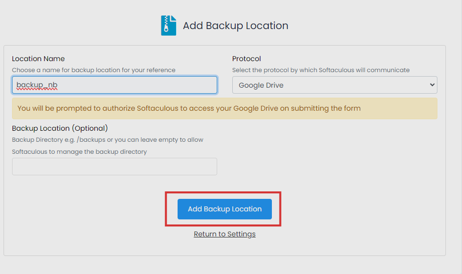 Add Backup Location Screenshot showing how to add a backup location in Softaculous