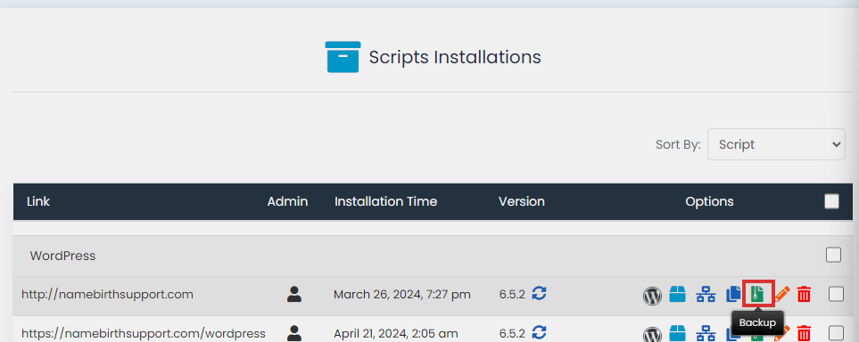 Backup Icon Screenshot showing backup icon in Softaculous