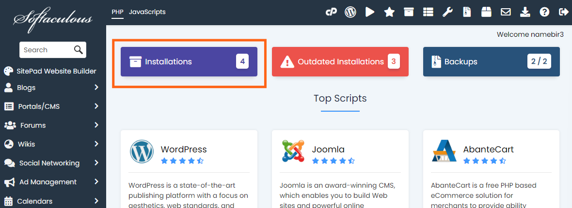 Installations Screenshot showing how to access installations in Softaculous