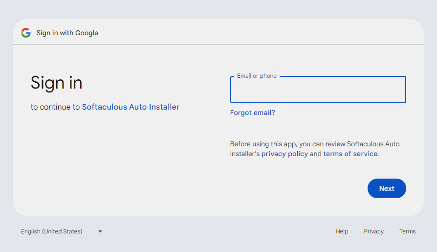 Google Drive Login Screenshot showing Google Drive login for Softaculous authorization