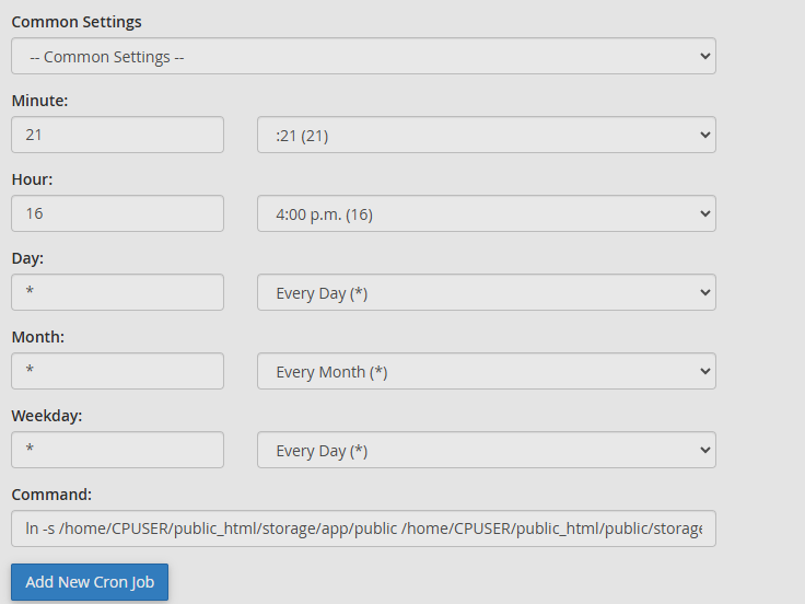 Cron Job Example for Creating Symlink in Laravel Cron Job setup example for creating a symlink in Laravel with fields like minute, hour, day, and command