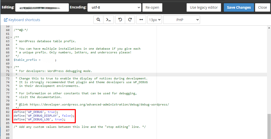 Modified wp-config.php File for Enabling Debug Log Screenshot of modified wp-config.php file for enabling debug log