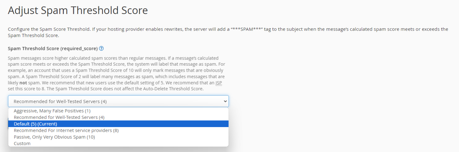 Spam Threshold Score Adjustment Interface Adjust Spam Threshold Score interface with dropdown menu for spam score settings