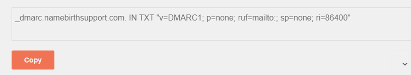 Example of DMARC Record Output Generated DMARC Record text example with domain and parameters.