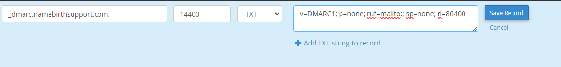 Setting up a DMARC Record in cPanel Screenshot showing the setup of a DMARC record in cPanel, with fields for entering the DNS record details
