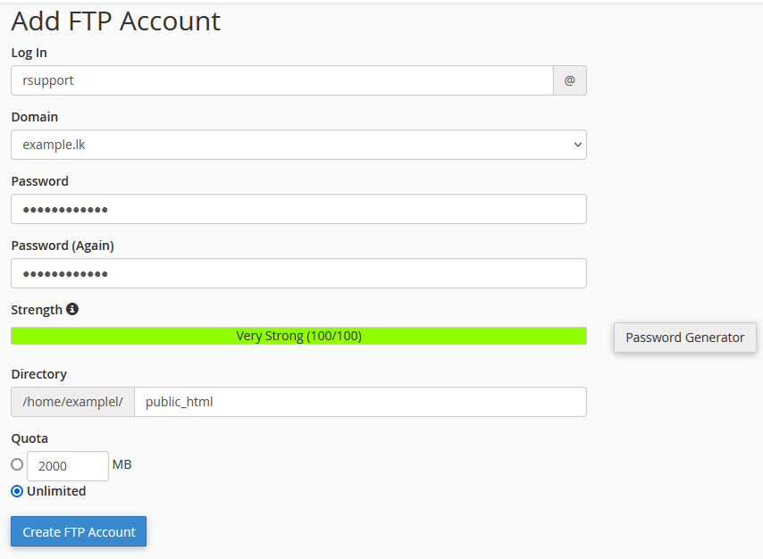 Click on create FTP account Click on create FTP account