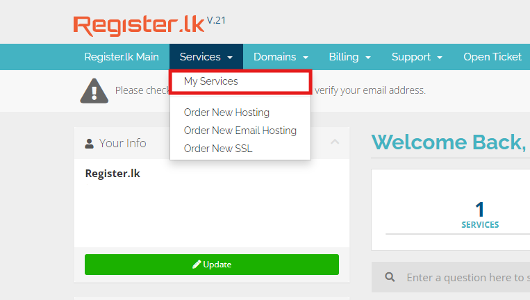 Log in to your Register.lk account and go to Services