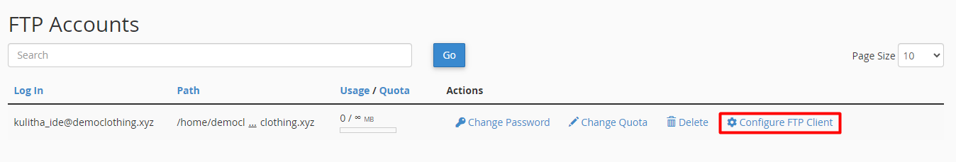 Configure FTP Client in cPanel Configure FTP Client option in cPanel for an FTP account
