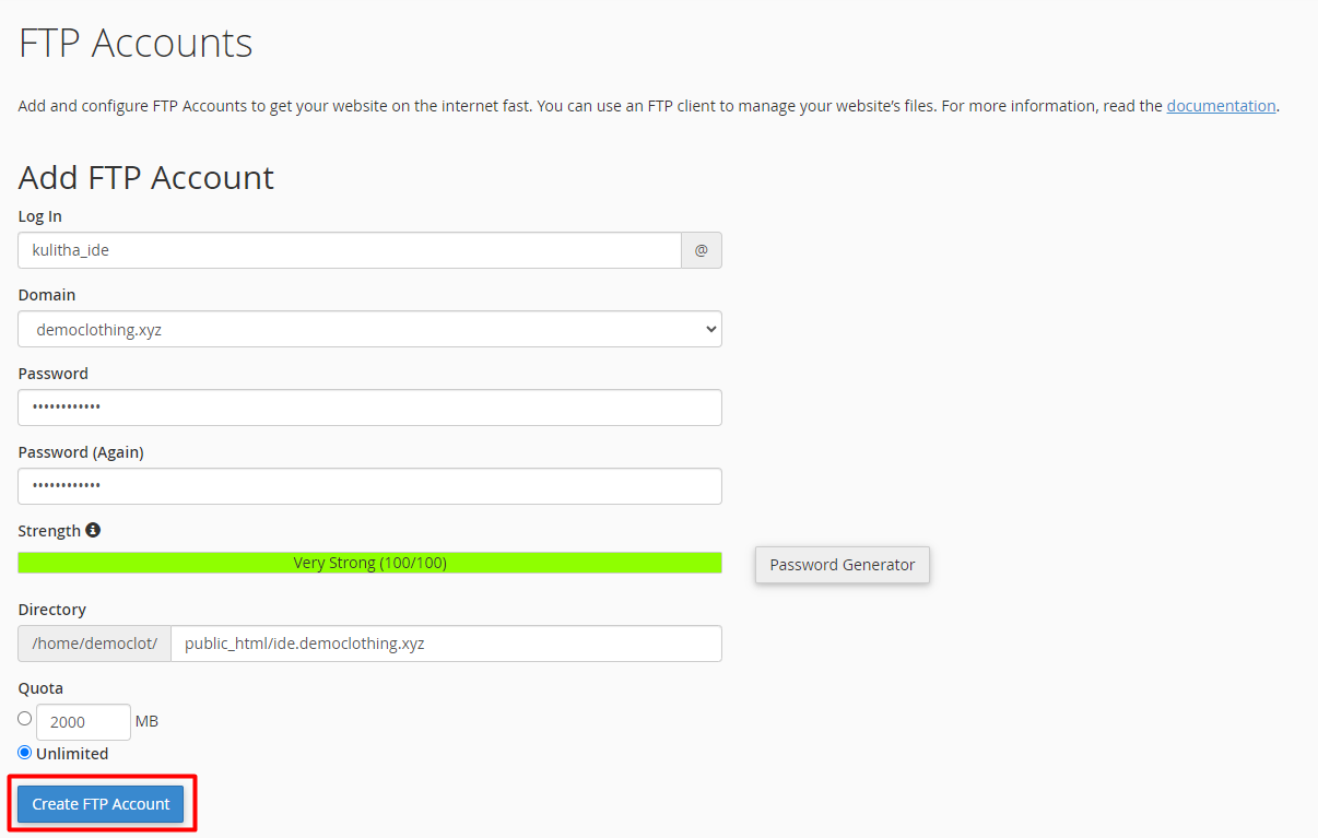 Add FTP Account in cPanel Creating an FTP Account in cPanel