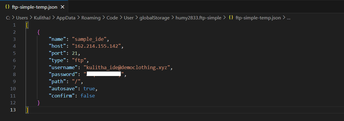 FTP Simple Config Settings in VS Code FTP Simple configuration settings in Visual Studio Code