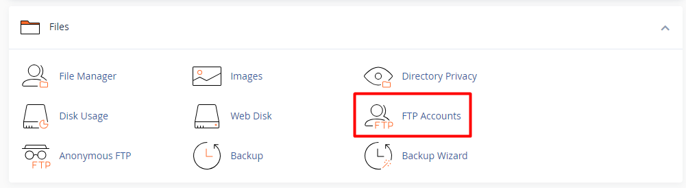 Navigate to FTP Accounts in cPanel cPanel Files section showing FTP Accounts option