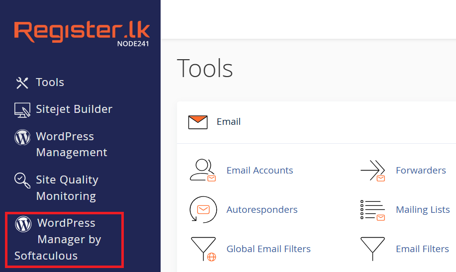 Register.lk cPanel dashboard with WordPress Manager by Softaculous highlighted