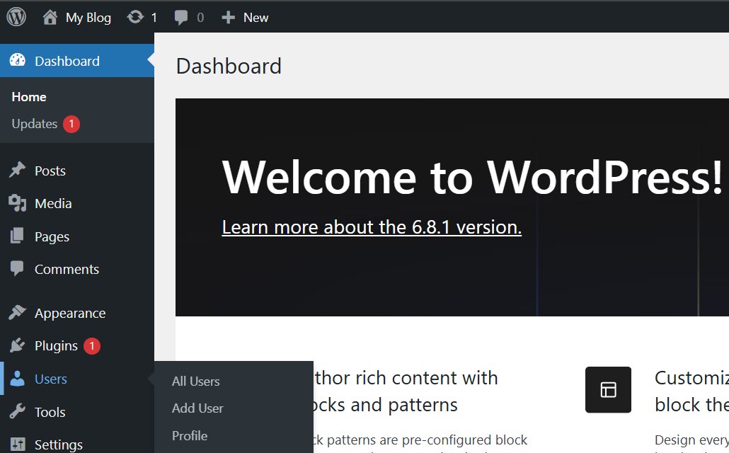 WordPress dashboard showing the Users menu with Add User option