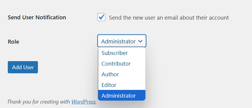 Dropdown menu for selecting a user role in WordPress