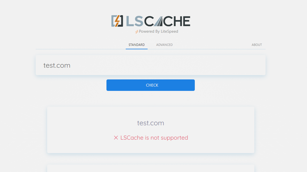 LSCache Check Tool - Status of LSCache for a Domain Screenshot of LSCache check tool showing the status of LSCache for a domain