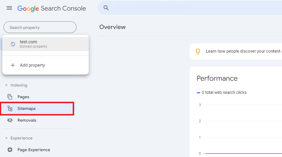 Google Search Console dashboard with sitemap selection highlighted.