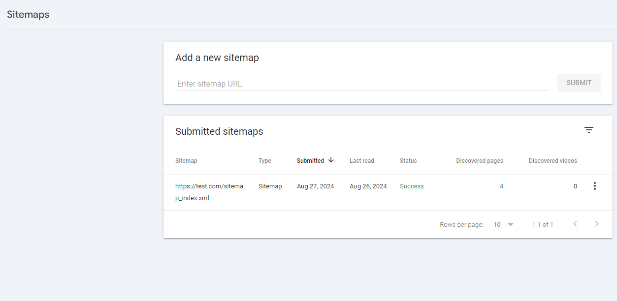 Viewing Submitted Sitemaps in Google Search Console Google Search Console displaying submitted sitemaps and their status.