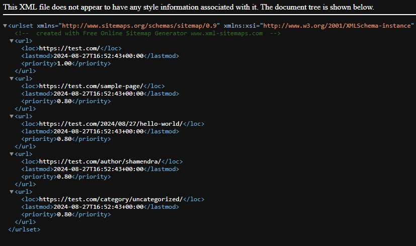XML Sitemap Example with URLs, Last Modified Dates, and Priority Levels Screenshot of an XML sitemap showing the structure of a website's URLs, including their last modified dates and priority levels.