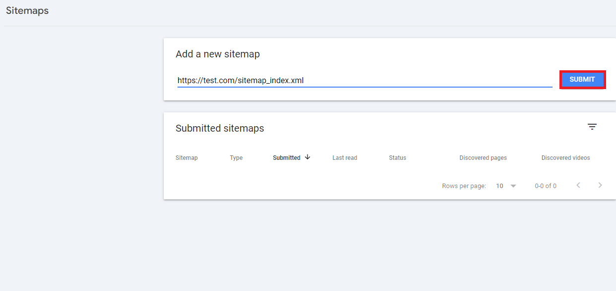 Entering and submitting a new sitemap URL in Google Search Console.