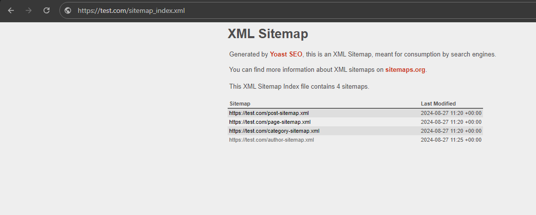 XML Sitemap generated by Yoast SEO, displayed in a browser.