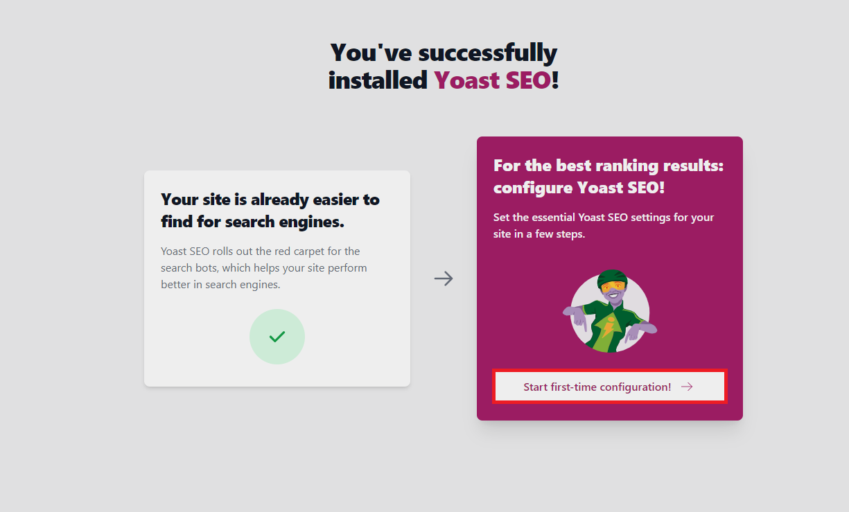 Yoast SEO installation success message with a prompt to configure the plugin.