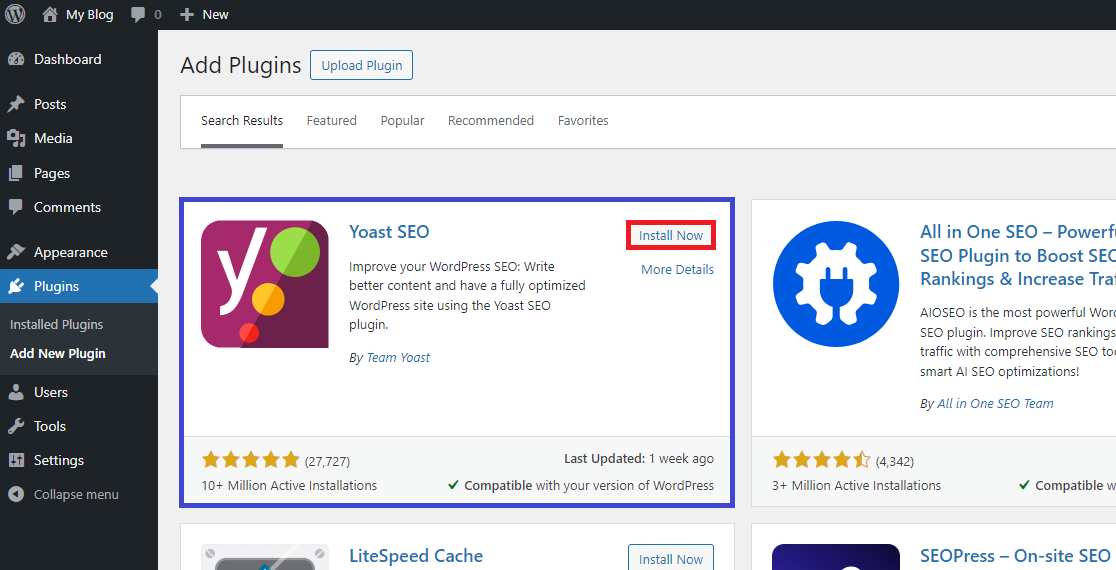 Installing Yoast SEO Plugin on WordPress WordPress dashboard showing the installation process of the Yoast SEO plugin.