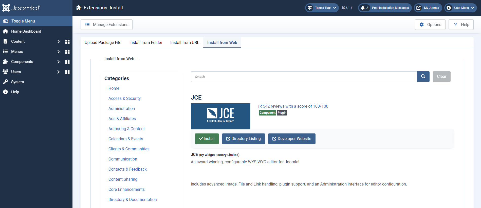 Joomla extensions installation: JCE editor available for installation Joomla extensions installation screen showing JCE editor available for installation
