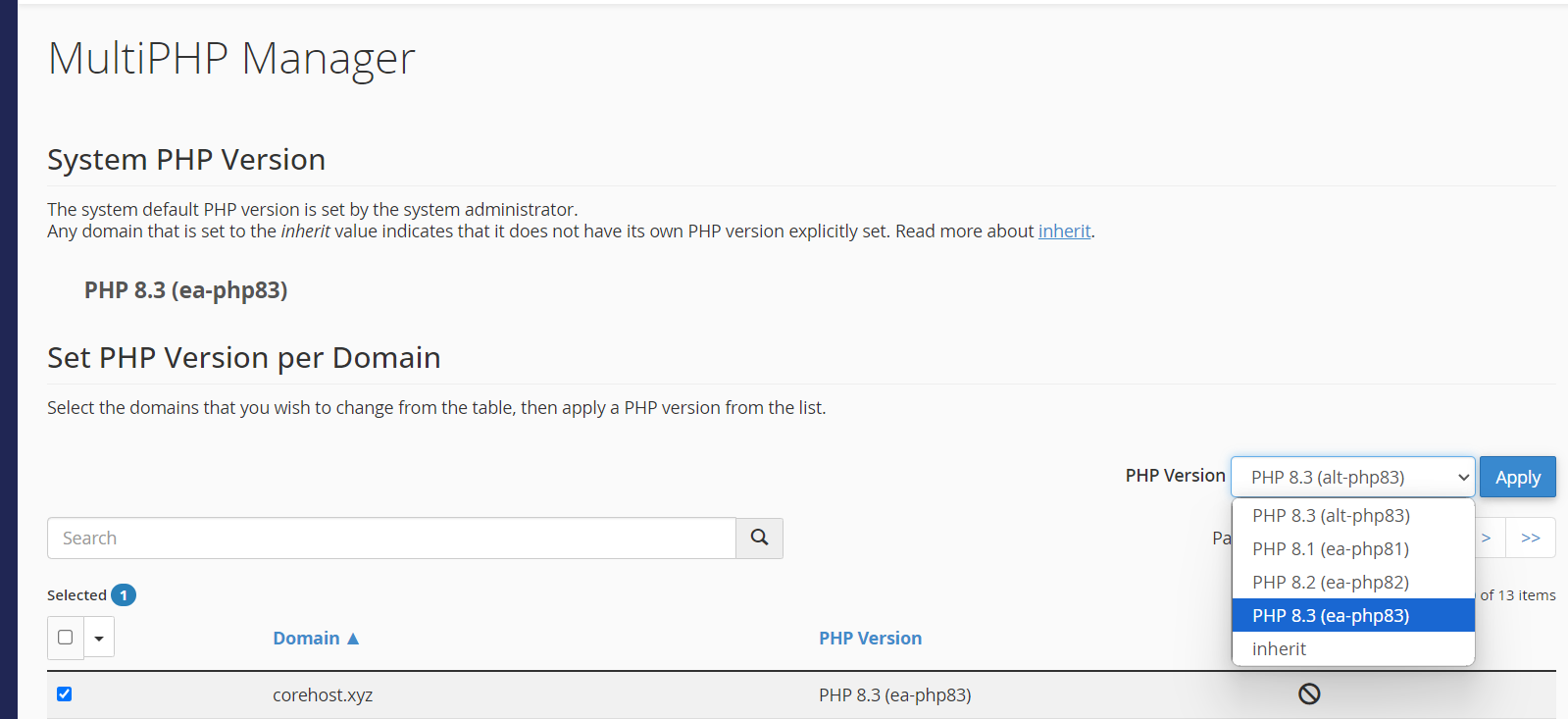 Using MultiPHP Manager in cPanel to select PHP version for Joomla Screenshot of MultiPHP Manager in cPanel showing PHP version selection.