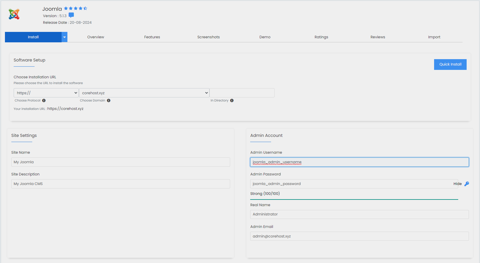 Installing Joomla using Softaculous in cPanel Screenshot of Softaculous showing Joomla installation steps.