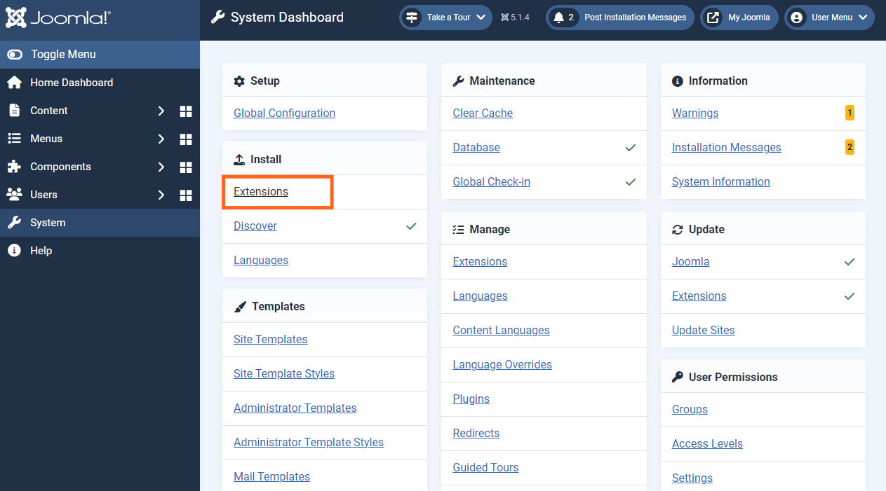 Navigate to the extensions installation page to install a Joomla template Navigating to extensions installation in Joomla