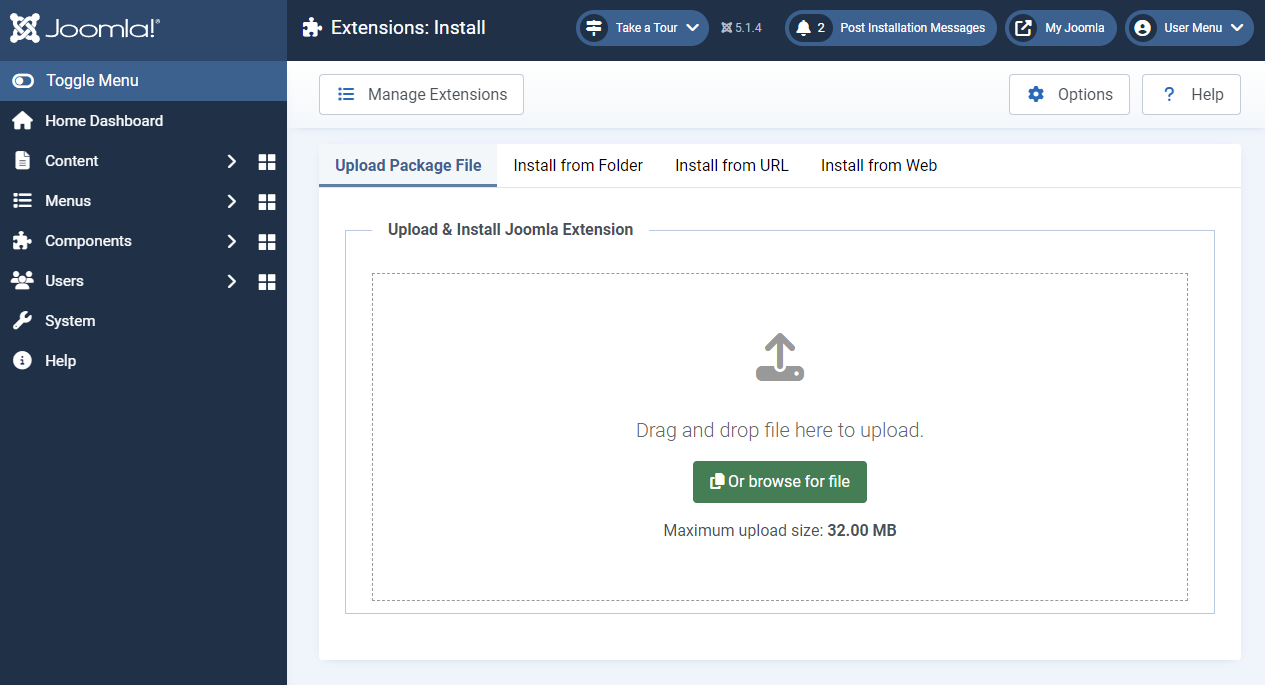 Uploading and installing a Joomla template using the Upload Package File method Uploading and installing a Joomla template package