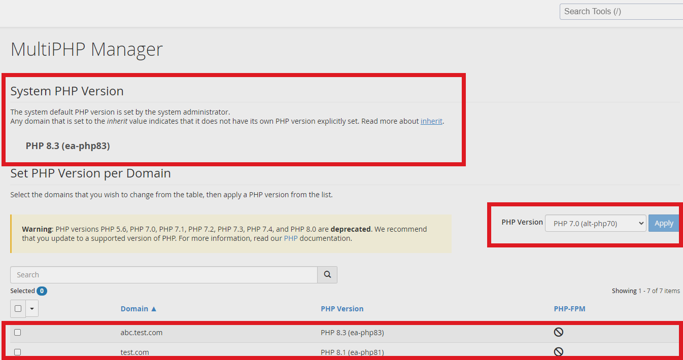 Managing PHP Versions in cPanel's MultiPHP Manager MultiPHP Manager in cPanel showing System PHP Version as PHP 8.3 and options to set PHP version per domain.