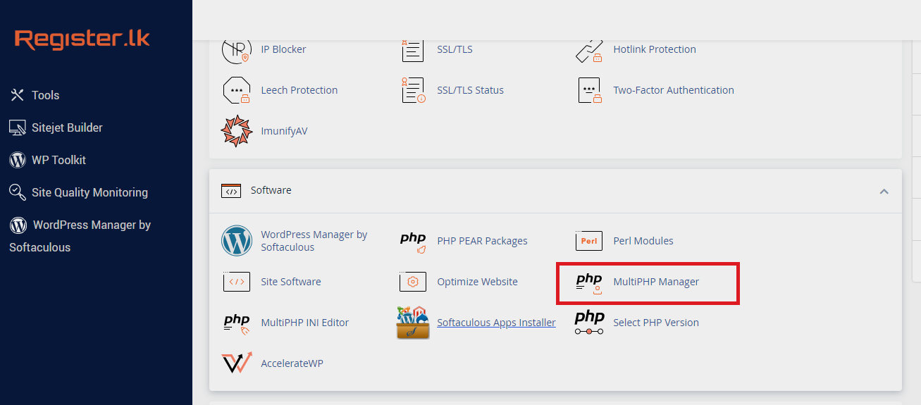cPanel interface showing MultiPHP Manager highlighted under Software section Screenshot of cPanel interface highlighting the MultiPHP Manager option