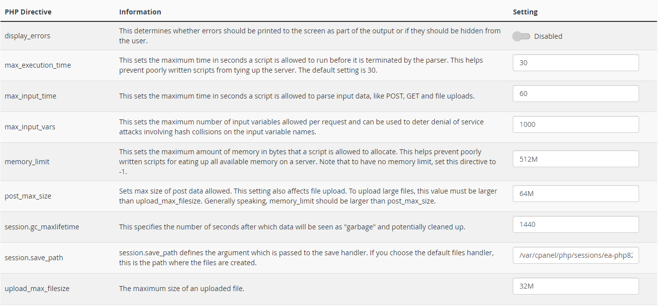 PHP_Directives that you can customize You'll be able to see the PHP directives that you can customize to maximize your hosting