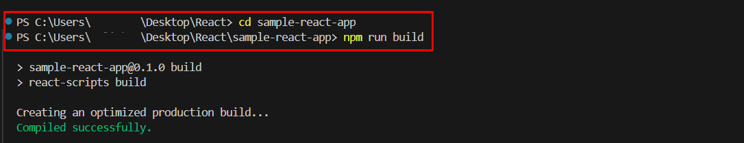 Terminal showing the build process and creation of the build folder