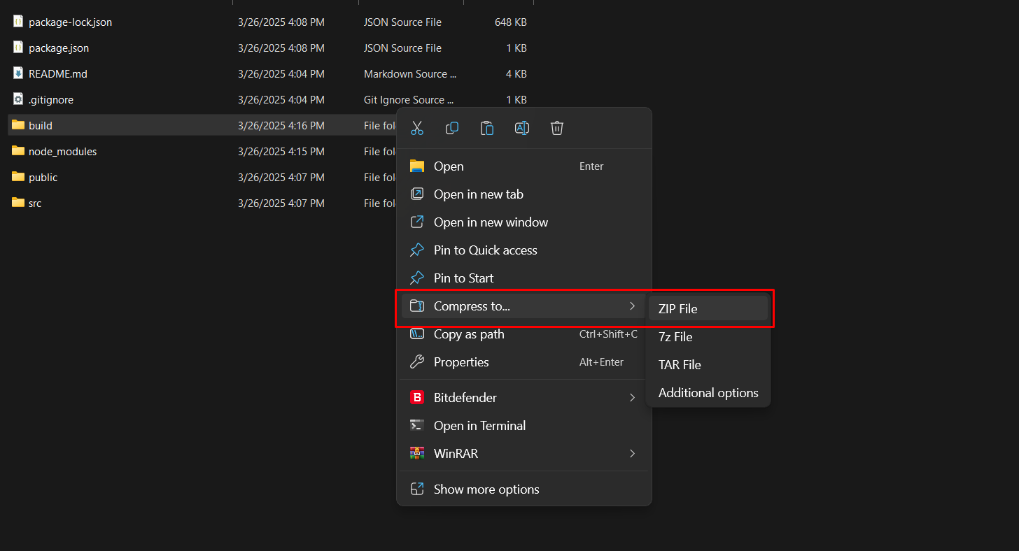 File explorer showing the build folder being compressed into a .zip file