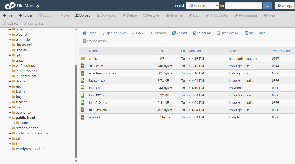 cPanel File Manager showing the build file and extraction process