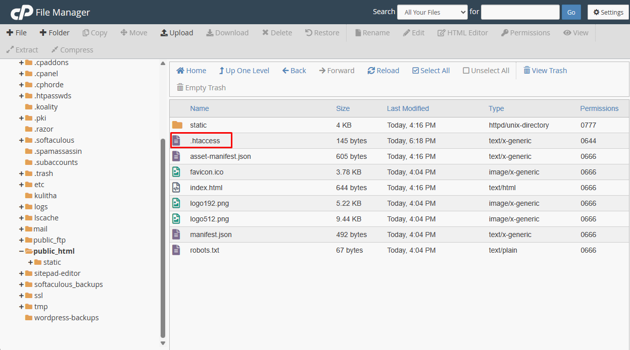 Code editor showing .htaccess file with rewrite rules