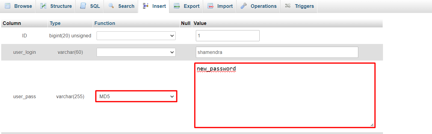 Changing the Password in the user_pass Field Changing the password in the user_pass field