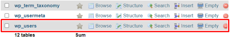 Finding the wp_users Table in phpMyAdmin Navigating to the wp_users table in phpMyAdmin